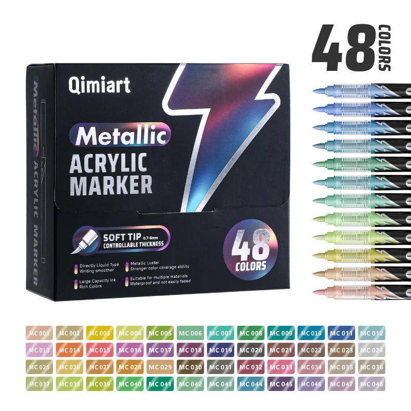Languo 48 Colors Metallic Acrylic Marker Pen Set, Brush Tip,For Student DIY Graffiti Hand Drawn Paint Pens Stationery